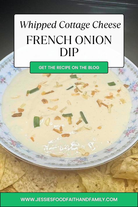 Whipped Cottage Cheese Dip Recipe – French Onion - Jessie's Cottage Cheese Onion Dip, Cottage Cheese French Onion Dip, Whipped Cottage Cheese Dip, Cottage Cheese Dip Recipes, Cottage Cheese Dip, Whipped Cottage Cheese, Cheese Ideas, Cottage Cheese Dips, Popcorn Recipes Caramel