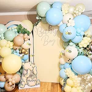 Blue And Yellow Balloon Arch, Peach Balloon Arch, Balloon Arch Pastel, Yellow Balloon Arch, Yellow Party Decorations, Blue Macaron, Bee Theme Party, Boho Birthday Party, Balloon Arch Kit