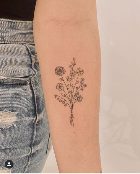 Flowers In A Line Tattoo, Flower Sibling Tattoos, Minimalist Bouquet Tattoo, Minimal Flower Bouquet Tattoo, Small Wildflower Bouquet Tattoo, Small Flower Boquettes Tattoos, Bouget Flower Tattoo, Wildflower Bouquet Tattoo Simple, June And September Flower Tattoo