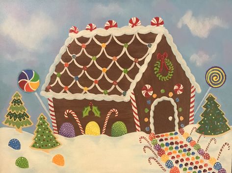 Gingerbread House Painting On Canvas, Painting Gingerbread Houses, Gingerbread House Painting, Christmas Paintings On Canvas, Paint Nite, Christmas Rock, Christmas Card Art, Christmas Painting, Paint Night