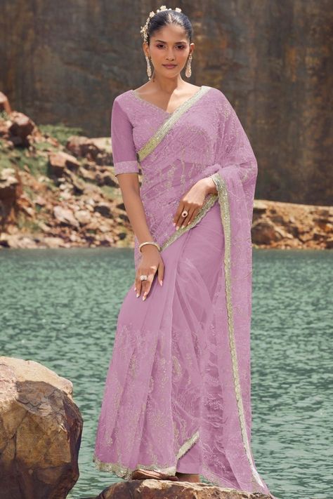 Lilac Pink Embroidered Net Designer Saree Pink Sari, Fabric Work, Resham Work, Designer Sarees Collection, Party Sarees, Model Images, Indian Sarees Online, Designer Sarees Online, Madhuri Dixit