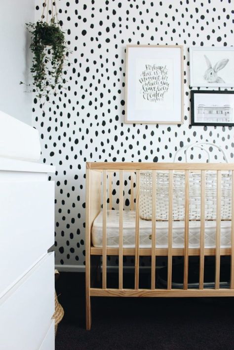 Gender Neutral nursery with polka dot feature wall. Hand painted by the way. Say whaaat?! Nursery Wallpaper Ideas, Trendy Nursery, Nursery Tour, Polka Dot Walls, Unisex Nursery, Baby Sleep Problems, Baby Room Design, Nursery Inspo, Nursery Baby Room