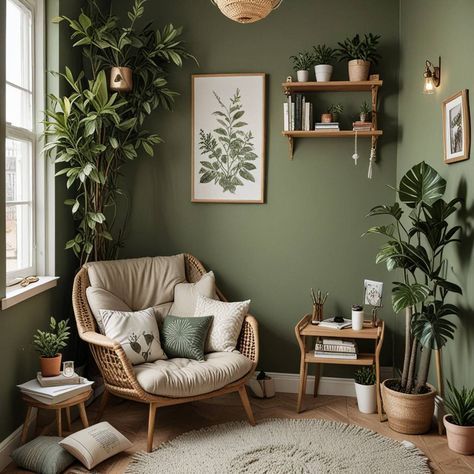 Boho Greenery Living Room, Emerald Green Small Living Room, Plant Cozy Room, Wall Colors For Plant Room, Green Wall Green Couch, Reading Corner Plants, Earthy Green Walls, Deep Green Walls Living Room, Green Reading Corner