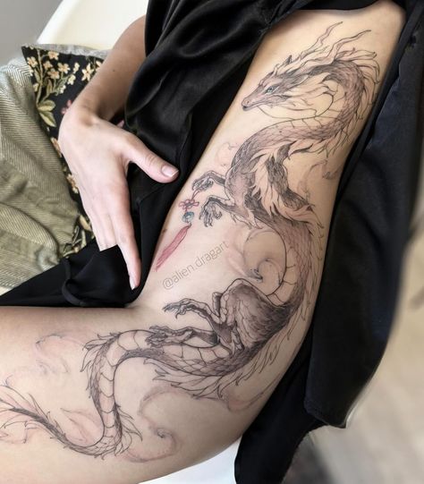 Dragon Tattoo On Thigh, Dragon Hip Tattoo, Haku Tattoo, Dragon Tattoo Leg, Dragon Thigh Tattoo, Asian Dragon Tattoo, Small Dragon Tattoos, Inspo Tattoo, Tattoo Pics