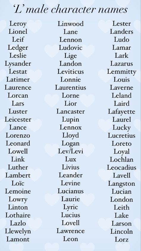 Names for characters beginning in the letter ‘L’. R Male Names, Good Male Names, Best Character Names Male, Name Of Boys, Boy Character Names, Character Name Ideas Male, Last Names For Male Characters, Oc Names Male, Oc Name Ideas Male