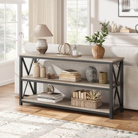 Spacious storage space: This long sofa table measures 55.1" x 13.4" x 30", with a wide desktop, and 3-tier design providing ample storage space where you can display your favorite photos, books, and decorations. Behind Couch Table, Industrial Console Table, Entryway Table With Storage, Sofa Table Decor, Console Table With Storage, Narrow Entryway Table, Table Behind Couch, Living Room Industrial, Long Sofa Table