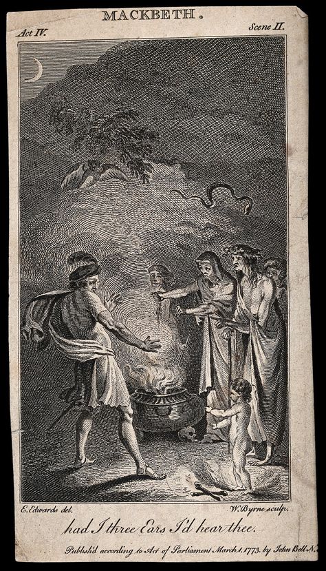 Macbeth consults the three witches; an apparition appears of a bloody child, who calls Macbeth's name three times. Engraving by W. Byrne, 1773, after E. Edwards. | Wellcome Collection Macbeth Witches, Wellcome Images, Mists Of Avalon, Weird Sisters, Three Witches, Wellcome Collection, The Sorcerer's Stone, Shakespeare Plays, People Watching