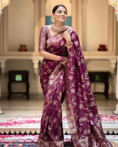 RAS 5075 SINGLES AVAILABLE THE BANARASI SAREE PRESENTED BY AAYNA IS MADE UP OF SILK THREADS WOVEN USING INTRICATE TECHNIQUES. SAREES WITH HEAVY BROCADE WORK AND GOLD ZARI WORK ARE ITS MOST STRIKING FEATURES 🔰 FABRICTYPE: BANARASI SOFT SILK SAREE 🔰 SAREE LENGTH 5.5 METER 🔰 BLOUSE LENGTH 0.8 METER Wine Color Saree, Summer Saree, Diwali Dresses, Buy Designer Sarees Online, Brocade Blouse, Silk Saree Banarasi, Purple Saree, Bollywood Lehenga, Saree Gown