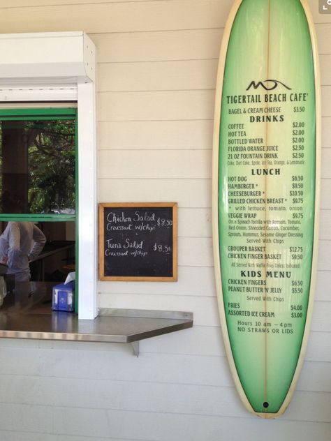 Surfboard sign Beach Bar Menu Design, Surf Cafe Design, Beach Menu Ideas, Beach Bar Decoration, Beach Bar Design Ideas, Surfer Clothes, Florida Orange Juice, Surf Bar, Surf Cafe