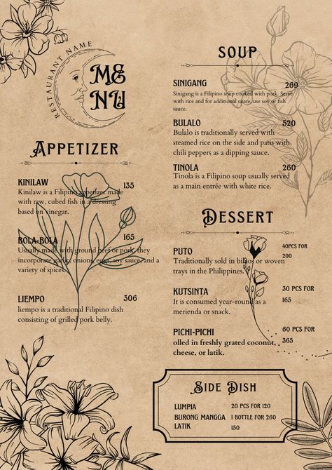 Cottagecore Menu Design, Aesthetic Restaurant Menu Design, Saloon Menu Design, Restaurant Menus Aesthetic, Restaurant Menu Design Aesthetic, Whiteboard Menu Design, Vintage Cafe Menu Design, Vintage Restaurant Menu Design, Aesthetic Menu Ideas