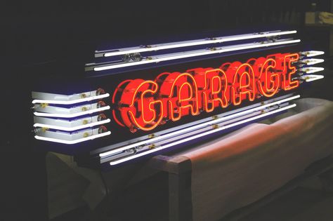 Custom Porcelain Neon 'GARAGE' Sign | Vault Garage Neon Signs, Mechanic Signs, Burger Truck, Mechanic Shop Decor, Retro Garage, Future Logo, Neon Open Sign, Mechanic Shop, Auto Mechanic