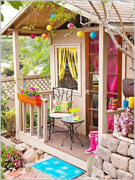 Turning A Shed into a Playroom | DIY yard idea Outdoor Kids Playhouse, Bright Curtains, Kids Playhouse Outdoors, Paper Lantern Lights, Wendy House, Build A Playhouse, Playhouse Outdoor, She Sheds, Kids Playhouse