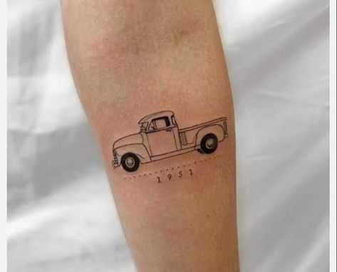 Old Truck Tattoo Ideas, Simple Truck Tattoo, Mustang Car Tattoo For Women, Red Truck Tattoo, Old Ford Truck Tattoo, Small Truck Tattoo, Mini Car Tattoo, Old Truck Tattoo, Truck Tattoo Design