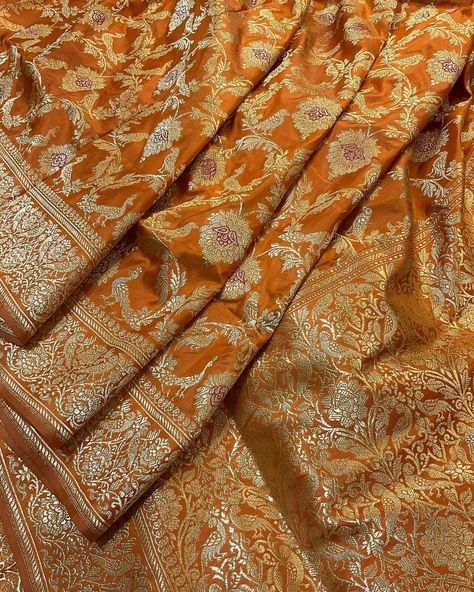 Orange Banarasi Saree, Banaras Silk Saree, Forest Essentials, Indian Wedding Gowns, Banaras Sarees, Intricate Artwork, Bridal Sarees South Indian, Banarsi Saree, Orange Saree