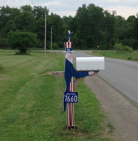 George's newest! Uncle Sam mailbox holder! Airplane Mailboxes, Mailbox Holder, Cow Mailbox Mail Boxes, Red Mailbox Aesthetic, Mailbox Stand Lowe's, Mailbox Diy, Us Mail Box Vintage, Mail Boxes, Uncle Sam