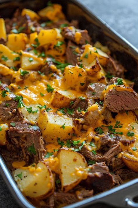 Indulge in this effortless Slow Cooker Steak and Cheddar Potato Casserole! Perfectly tender steak and cheesy potatoes make a comforting family dinner. #SlowCooker #SteakCasserole #CheesyPotatoes #ComfortFood #EasyRecipes Steak Potato Casserole, Crockpot Lunch, Steak Casserole, Steak And Potatoes, Slow Cooker Steak, Cheddar Potatoes, Cheesy Potato Casserole, Steak Potatoes, Tender Steak