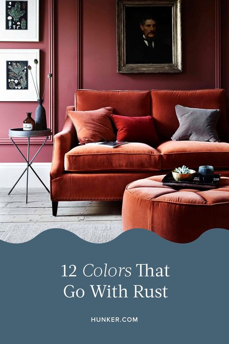 Depending on which color rust is paired with, it can evoke the energy and passion of red, the stability of brown, or the excitement of orange. Read on to discover 12 timeless colors that will pair flawlessly with rust. #hunkerhome #rust #colorsthatgowithrust #rustcolors #homedecor Orange Armchair, Reclaimed Wood Ceiling, Orange Rooms, New House Living Room, Blue Ceilings, Living Room Orange, Blue Armchair, Orange Interior, Orange Walls