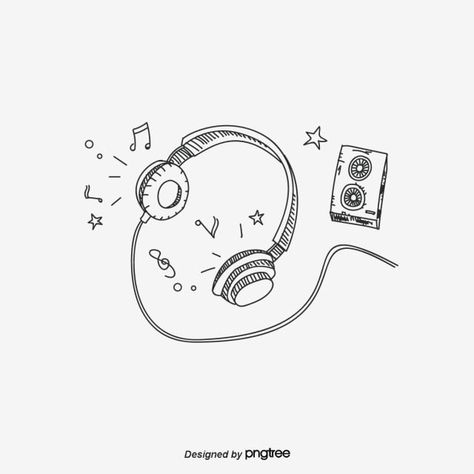 Music Tape Drawing, Headset Drawing Reference, Headphones Aesthetic Drawing, Earphones Drawing, Music Aesthetic Drawing, Headset Drawing, Hex Tattoo, Earphone Aesthetic, Music Notes Aesthetic