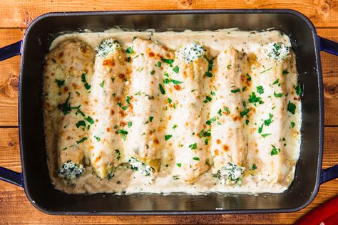 Chicken Manicotti Is A Weeknight Dinner DreamDelish Manicotti Recipes, Cheap Eating, Chicken Manicotti, Stuffed Manicotti, Pool Lighting, Manicotti Recipe, Meat Dish, Budget Bytes, Shredded Chicken Recipes