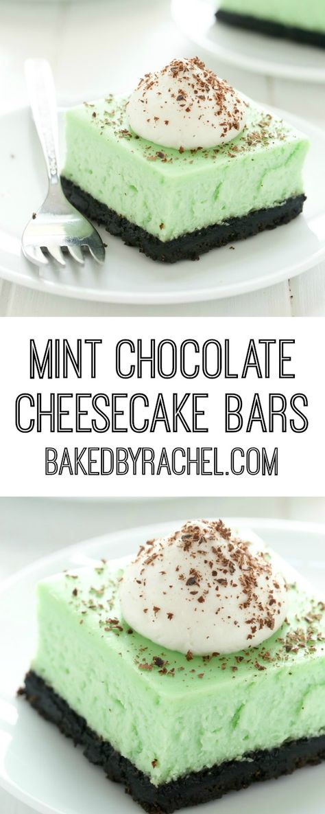 Creamy mint chocolate cheesecake bar recipe from @bakedbyrachel Mint Dessert Recipes, Chocolate Mint Cheesecake, Mint Recipes Dessert, Mint Dessert, Chocolate Chip Mint, Mint Chocolate Desserts, Mint Chocolate Cheesecake, Chocolate Cheesecake Bars, Mint Desserts