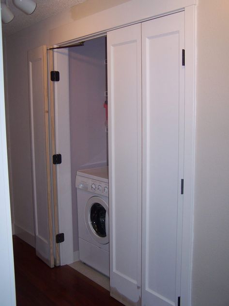 Bifold laundry closet doors, fold flat Bifold Door Ideas, Laundry Room Door, Folding Closet Doors, Door Diy Projects, Laundry Doors, Bedroom Closet Doors, Utility Closet, Hallway Closet, Bifold Closet Doors