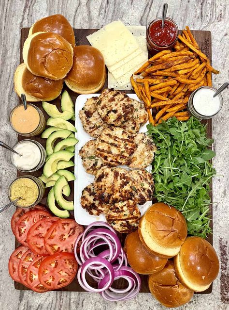 Turkey Burger Lunch, Seasoned Turkey, Burger Board, Party Food Bars, Grilled Turkey Burgers, Burger Party, Sweet Potato Fries Baked, Burger Patties, Burger Night