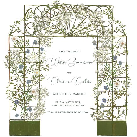 Outdoor garden wedding save the date with climbing roses. Follow more daily paintings and update @thechrisu Save The Date Green, Door With Flowers, Tarot Card Artwork, Lattice Garden, Coral Art Print, Napkin Cards, Art Deco Invitations, Outdoor Garden Wedding, Wedding Graphics