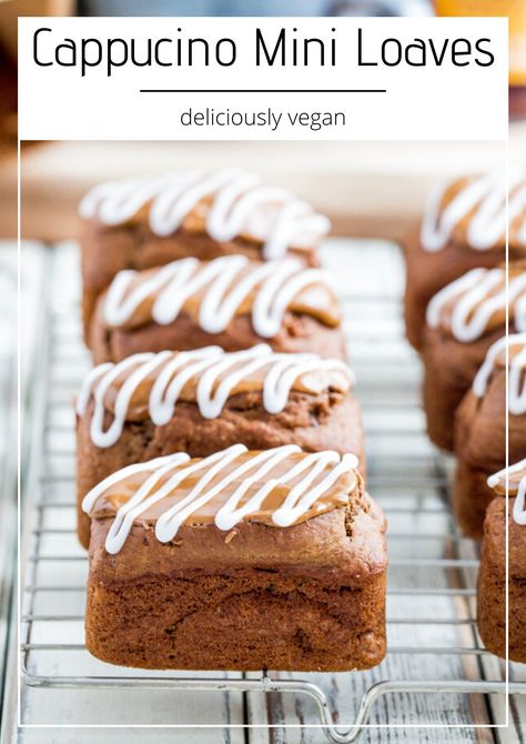 Cappuccino Mini Loaves - light and moist coffee sponge topped with a divinely sweet coffee and vanilla frosting. These vegan mini loaves are incredibly moreish! #vegan #veganbaking #coffeecake | Recipe on thecookandhim.com Mini Patisserie, Mini Bread Loaves, Mini Loaf Cakes, Coffee And Vanilla, Mini Sweets, Mini Loaves, Cake Loaf, Loaf Cakes, Brownie Pan