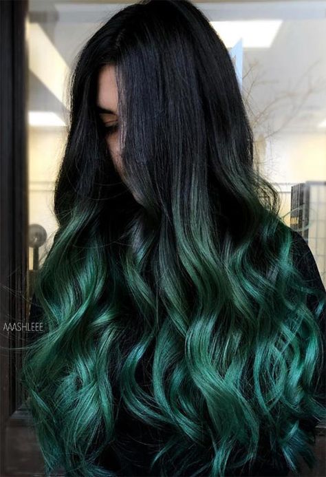 63 Offbeat Green Hair Color Ideas in 2020: Green Hair Dye Kits to Try Dark Hair With Dark Green Highlights, Black Hair With Green Peekaboos, Forest Green Hair Highlights, Emerald Green Highlights In Black Hair, Hunter Green Hair Color, Long Black And Green Hair, Color In Dark Brown Hair, Dark Brown And Dark Green Hair, Ombré Green Hair