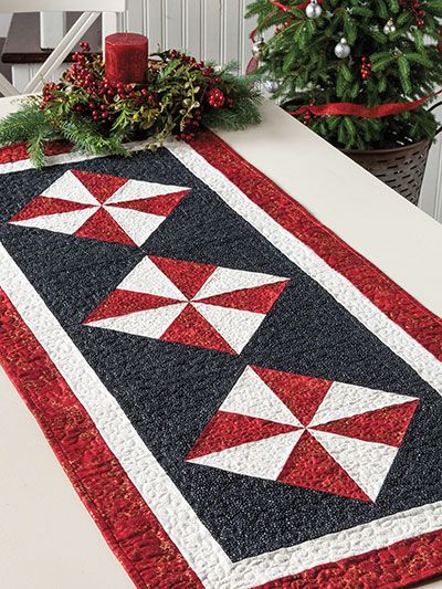 Peppermint Spin Runner Quilt Pattern Quilted Runners, Quilt Board, Quilted Projects, Quilt Pattern Book, Triangle Quilts, Patchwork Table Runner, Beginner Quilt, Christmas Quilting, Sewing Crochet