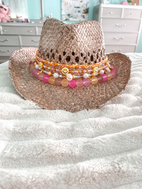 Cowgirl Hat With Beads, Cowboy Hat Beads Diy, Cowgirl Hats With Beads, Costal Cowboy Hats, Decorating A Cowboy Hat, Custom Straw Cowboy Hats, Cowgirl Hat Craft, Beaded Straw Hat, Costal Cowboy Hat