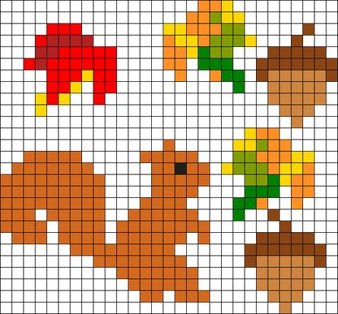 Squirrel And Fall Autumn Cross Stitch Patterns, Kandi Cuffs, Beading Loom, Fuse Bead Patterns, Pony Bead Patterns, Kandi Patterns, Hama Beads Patterns, Diy Perler Beads, Iron Beads