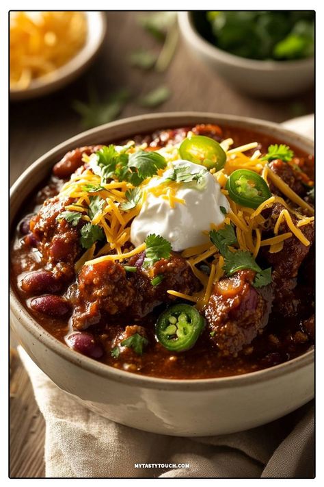 Warm up your day with my delicious homemade chili! This recipe is packed with rich flavors, tender meat, and a perfect blend of spices. Topped with creamy sour cream, shredded cheese, and fresh jalapeños, it’s a bowl of comfort that will satisfy everyone. I can't wait for you to try it! Leftover Turkey Chili, Chili Healthy, Turkey Chilli, Homemade Chili Recipe, Turkey Chili Healthy, Chili Recipe Turkey, Flavorful Meals, Tender Meat, Turkey Chili