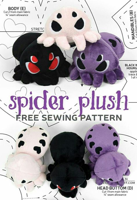 Free Sewing Pattern For Stuffed Animals, Spider Plush Pattern, Axolotl Sewing Pattern, Sewing Templates, Sewing Machine Projects, Cute Sewing Projects, Animal Sewing Patterns, Plushie Patterns, Sewing Stuffed Animals