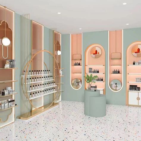 Beauty Retail Display, Cosmetic Interior Design, Salon Display Ideas, Cosmetic Shop Design Ideas, Cosmetic Salon Interior, Modern Store Interiors, Cosmetic Store Design Interiors, Cosmetics Shop Design Store Interiors, Salon Boutique Ideas