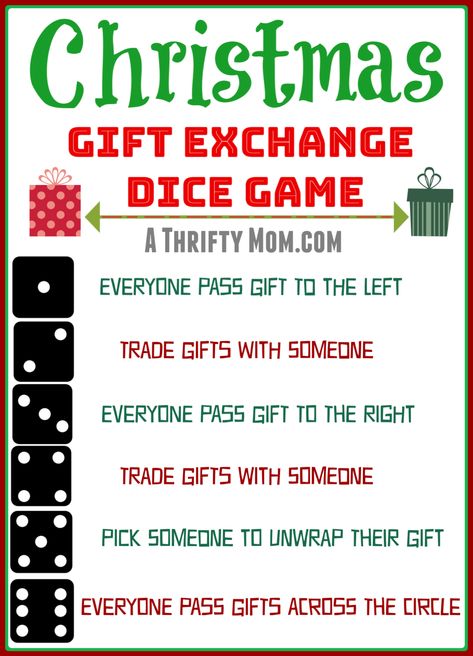 Christmas Gift Exchange Dice Game - A Thrifty Mom - Recipes, Crafts, DIY and more Christmas Gift Exchange Dice Game, Gift Exchange Dice Game, Gift Exchange Dice, Gift Exchange Game, Christmas Gift Exchange Games, Christmas Gift Games, Easy Homemade Christmas Gifts, Xmas Games, Gift Exchange Games