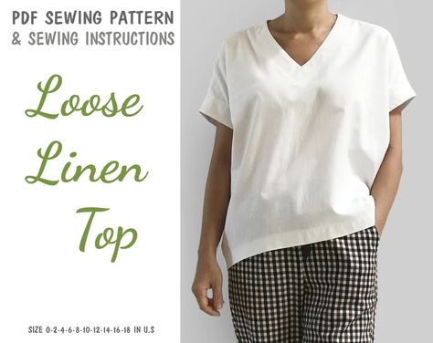 Easy to Sew Women's Loose Linen Top PDF Printable Sewing - Etsy Linen Top Sewing Pattern, Linen Top Pattern, Sewing Paper, Tunic Sewing Patterns, Sewing Pattern Shop, Printable Sewing Patterns, Asymmetric Top, Shirt Sewing Pattern, Top Sewing