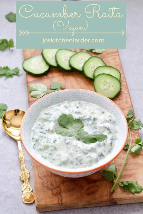 Cucumber Raita - perfect accompaniment to any curry. Quick & easy to make, refreshing, cooling & delicious, this Indian cucumber yogurt sauce or dip recipe is vegan too! #cucumberraita #veganraita #yogurtsauce #dip #dairyfree #corianderraita #mintraita Indian Dips, Cucumber Raita Recipe, Indian Cucumber, Cucumber Yogurt Sauce, Cucumber Raita, Cucumber Yogurt, Indian Dinner, Easy Cauliflower, Vegan Dip