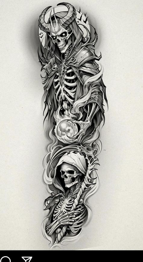 Scary Tattoo Stencil, Men’s Sleeve Tattoo Ideas Greek Gods, Left Arm Sleeve Tattoo Men, Cool Dark Tattoos, Tattoo Sleeve Men Design, Dark Hand Tattoos For Men, Tattoo Style Drawings Sketches, Dark Spine Tattoo, Oni Tattoo Sleeve