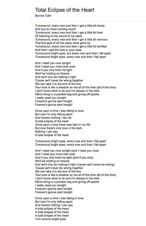 Total Eclipse Of The Heart Lyrics, Inspirational Song Lyrics, Total Eclipse Of The Heart, Edmund Fitzgerald, Eclipse Of The Heart, Lyrics To Live By, Great Song Lyrics, Guitar Chords And Lyrics, Song Words