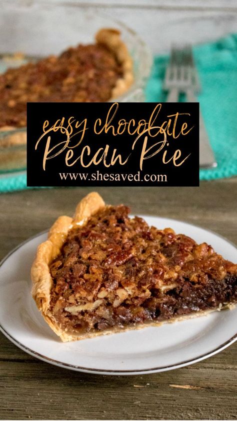 EASY Chocolate Pecan Pie Recipe *great for Thanksgiving!) Fall Pie Recipes, Pecan Pie Recipes, Chocolate Chip Pecan Pie, Pecan Recipe, Chocolate Pecan Pie Recipe, Classic Pecan Pie, Favorite Pie Recipes, Recipe List, Chocolate Pecan Pie