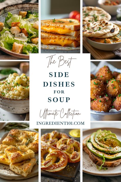 Find the best side dishes to cozy up on soup night! From refreshing summer salads to loaded corn salads and crusty bread, these simple and delicious recipes are perfect for serving alongside your favorite soup. Whether you're in the mood for creamy tomato soup, hearty vegetable soup, or Italian minestrone, these side dishes will complete your soup dinner. So go ahead and serve up the best soup and side dish combination for a wholesome and healthy dinner. Soup And Side Dishes, Best Soup And Salad Combo, Sides With Soup Simple, Bread Sides For Soup, Side With Soup, What Goes With Soup As A Side, Side For Soup Dinners, Side Dishes For Soup Dinners, Sides For Soup Potluck