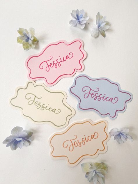 Calligraphy Colorful, Party Place Cards, Calligraphy Place Cards, Table Name Cards, Place Cards Wedding, Wedding Name Cards, Name Place Cards, Party Place, Wedding Place Settings