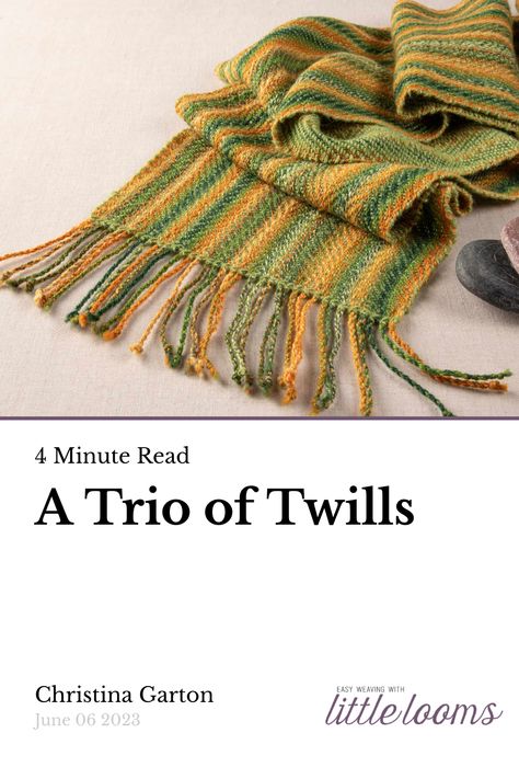 Take a look at the way yarn choice affects how twill looks on the rigid-heddle loom. Rigid Heddle Weaving Patterns, Rigid Heddle Loom, Pick Up Sticks, Rigid Heddle Weaving, Heddle Loom, Herringbone Design, Woven Scarves, Variegated Yarn, Weaving Patterns