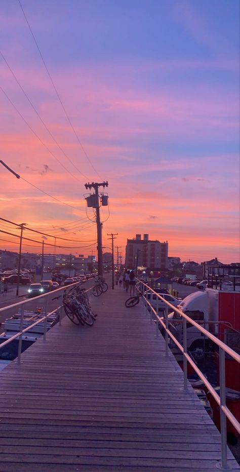 Aesthetic sunset boardwalk image Outskirts Of Town Aesthetic, Wildwood Aesthetic, Beach Boardwalk Aesthetic, Miranda Aesthetic, Boardwalk Aesthetic, Boardwalk Sunset, Beach Town Aesthetic, Summer Boardwalk, Town Aesthetic