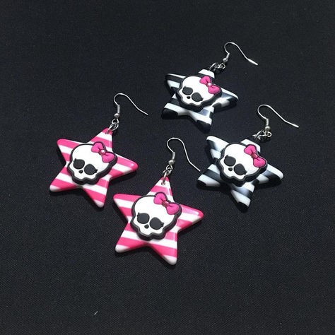 y2k trashy Scene kid striped pink and black skeleton head bow earrings Acrylic Skeleton Star Earrings Colorful Striped Pentagram Skeleton Dangle Drop Earrings Personality Halloween Skeleton Head Butterfly Pentagram Earrings for Women Teen Girls Rock Star Costume, Scene Girl Style, Y2k Trashy, Black Skeleton, Skeleton Head, Shoe Nails, Earrings Colorful, Scene Kids, Kids Earrings