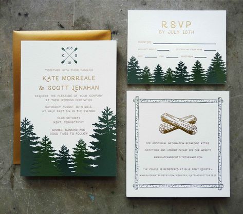 Unique Camp-Themed wedding invitation - Dependable Letterpress Camping Wedding Invitations, Outdoorsy Wedding, Letterpress Wedding Stationery, Woodland Wedding Invitations, 40th Anniversary Party, Summer Camp Wedding, Gold Foil Wedding Invitations, Gold Foil Wedding, Themed Wedding Invitations