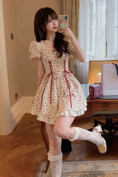 2022 Floral Lace Dress Mori Girl Style Elegant Puff Sleeve Bandage Min – Ncocon Aesthetic Dresses Casual, Summer Date Outfit, Cute Floral Dresses, Mori Girl Fashion, Outfits Petite, Medieval Dress, Short Lace Dress, 2022 Trends, Printed Long Dresses