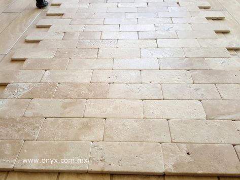 Back Porch Paver Ideas, Travertine Walkway, Limestone Driveway, Travertine Driveway, Travertine Steps, Stone Patios, Stone Pavement, Front Landscape, Limestone Pavers