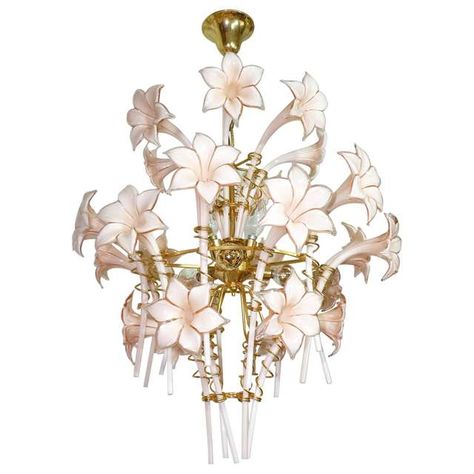 1stdibs: Antique and Modern Furniture, Jewelry, Fashion & Art Yellow Chandelier, Italian Flowers, 80s Art Deco, Pink Chandelier, Pink Lilly, Mid Century Chandelier, Flower Chandelier, Pink Lillies, Floral Chandelier